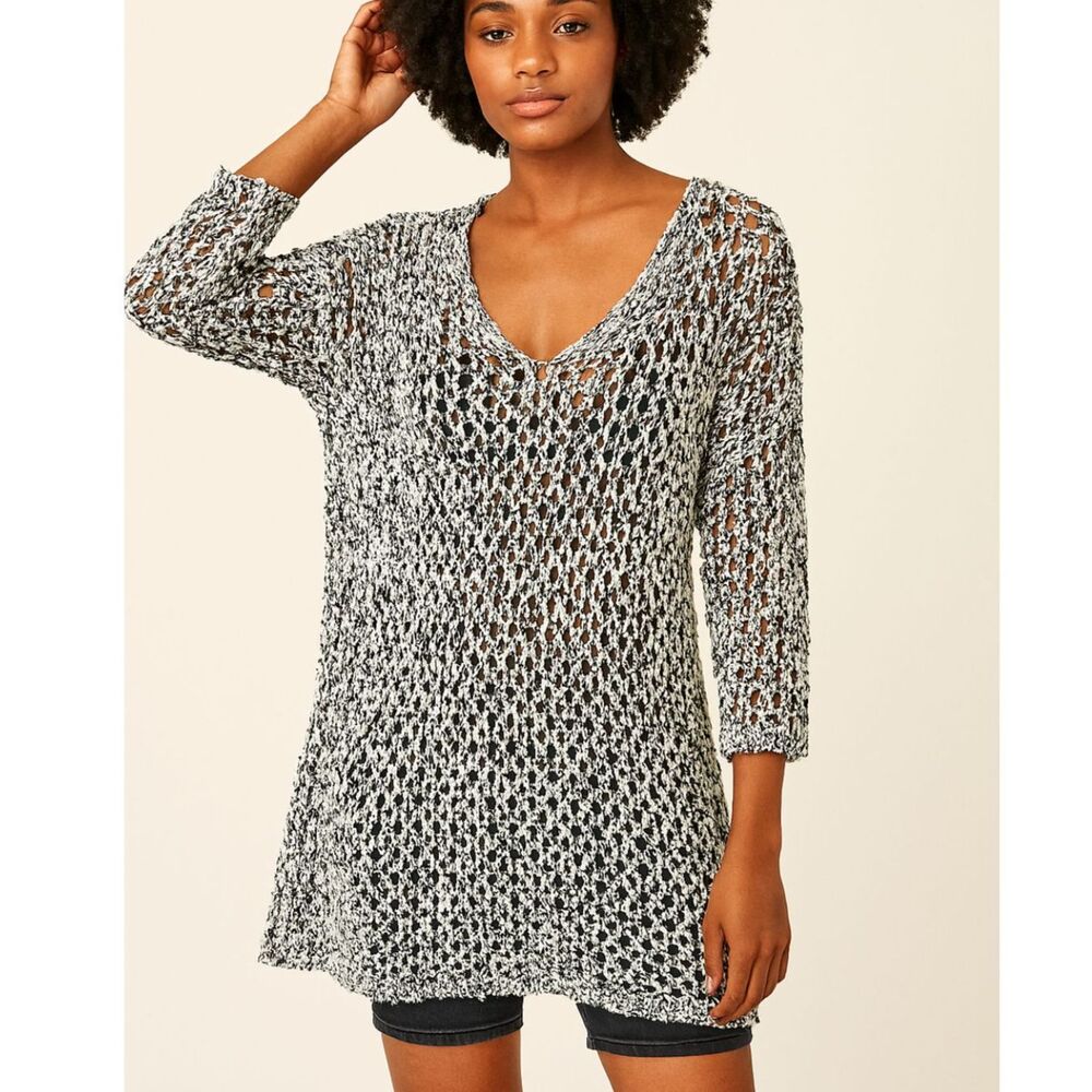 J Jill Black & White Open-Knit Sweater 100% Cotton Size Medium